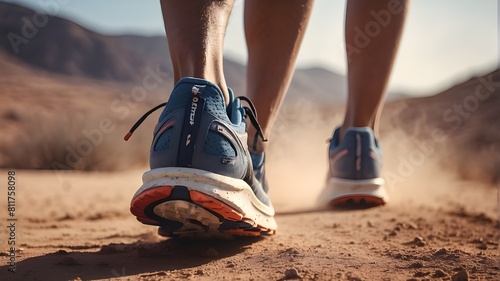Close-up of a racer s athletic shoe from behind as they run on a dusty trail. Track banner sneaker fitness. AI Generation