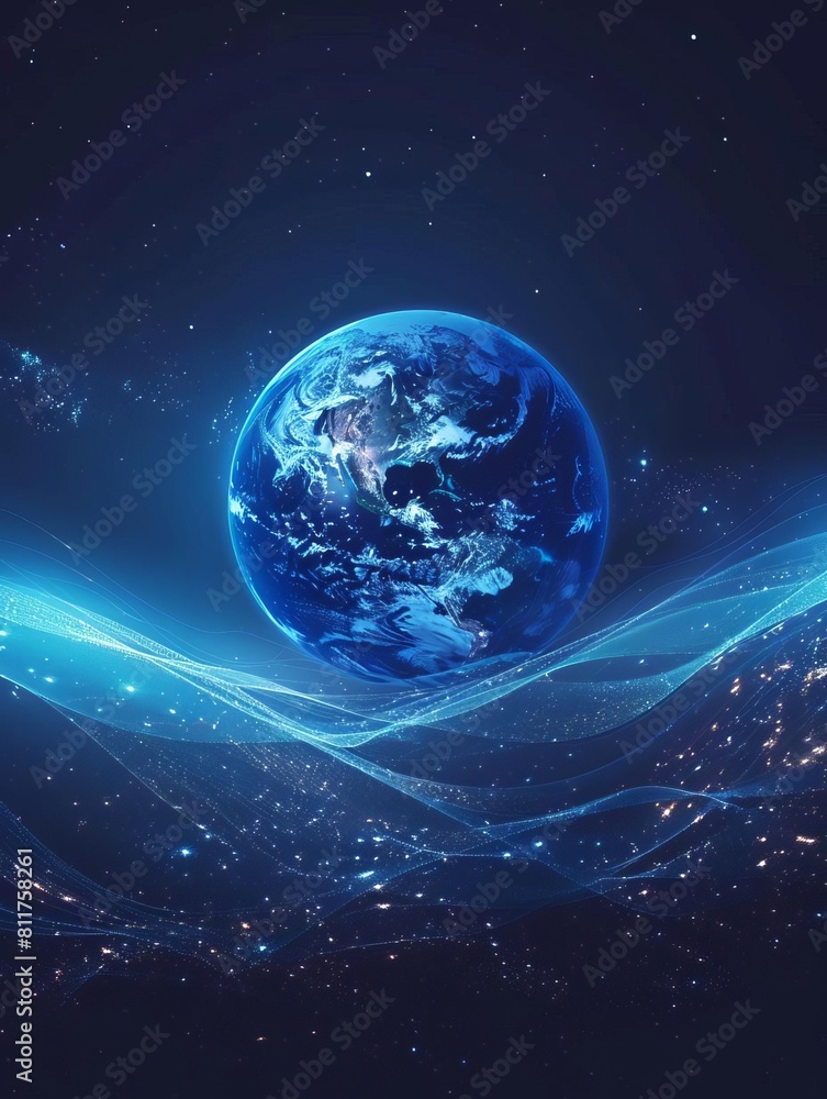 Dark blue vector background Planet Earth Abstract technological rings in the orbit of the planet Global communication system and communication satellites Religious image The effect