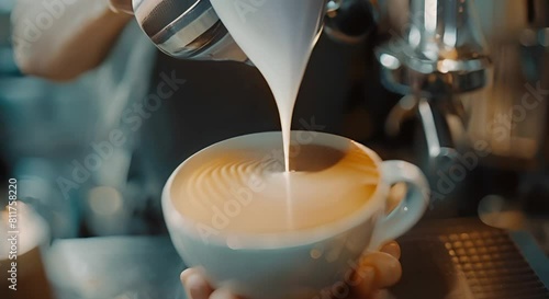 Barista uses modern technology to create latte art with milk. Concept Barista, Latte Art, Modern Technology, Milk, Creativity photo