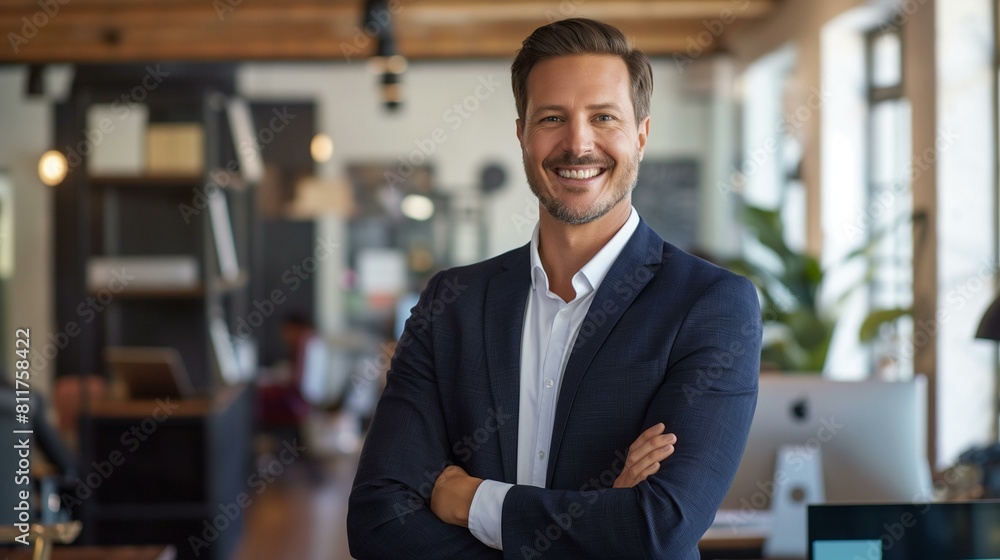 Confident CEO Smiling in Modern Office Environment, Corporate Leader Portrait Confident CEO Smiling in Modern Office Environment, Corporate Leader Portrait