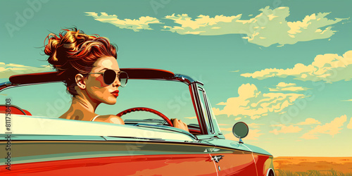 Retro vintage posters of woman driving classic car. Vintage fashion and automotive concept for design and poster