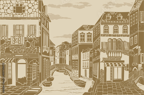 Old town. Street cafe. Old city view. European cityscape: house, building, Street cafe. Old houses on white background.  antique medieval treasure parchment. Vector Illustration
