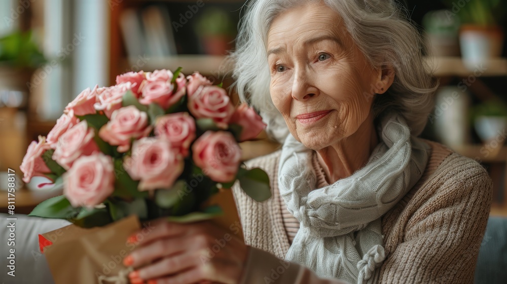 Fototapeta premium A mature woman receiving flowers and a gift from her daughter at home, a surprise happy senior mother getting a present for Mother's Day celebration with a pink rose bouquet. Generative AI.