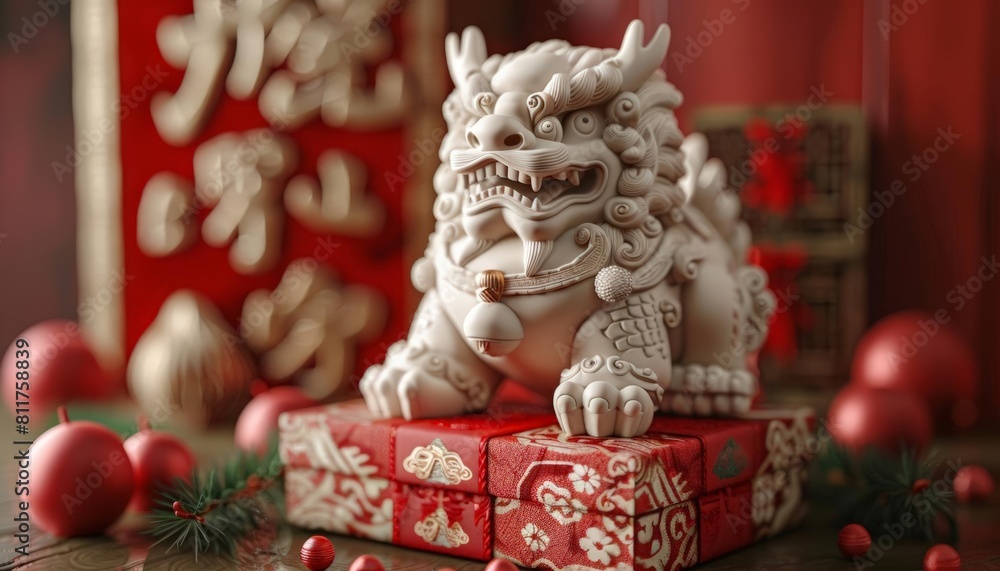 Fototapeta premium 3d render a Chinese guardian lion statue made of white porcelain sit on red gift box