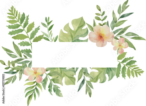 Vector Watercolor horizontal Jungle frame with pink flowers, palm leaves. Template space for text. Greeting cards, invitation, gender party, baby shower, birthday, event, holiday, wedding card, print