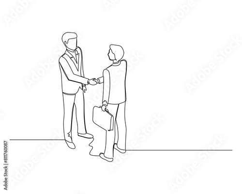 Continuous single one businessman shaking hands with another businessman who is carrying a suitcase. Business growth strategy concept.  Design vector illustration