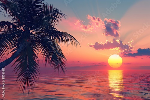 Sunrise over the water and palm tree