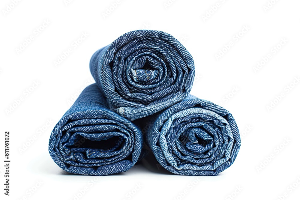 Fototapeta premium Rolled blue jeans on white background