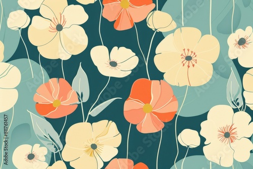 Seamless pattern with flowers and leaves. Hand-drawn . Floral pattern for wallpaper or fabric. Flowers and leaves. Texture background.. Beautiful simple AI generated image in 4K  unique.