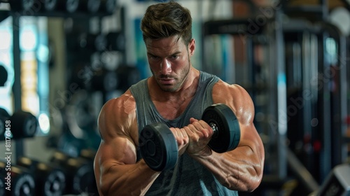 A muscular man in a grey tank top is doing bicep curls with a dumbbell in each hand.	 photo