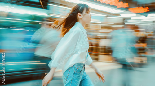 blurred motion of a young woman walking briskly in a bustling urban setting symbolizing city life and activity