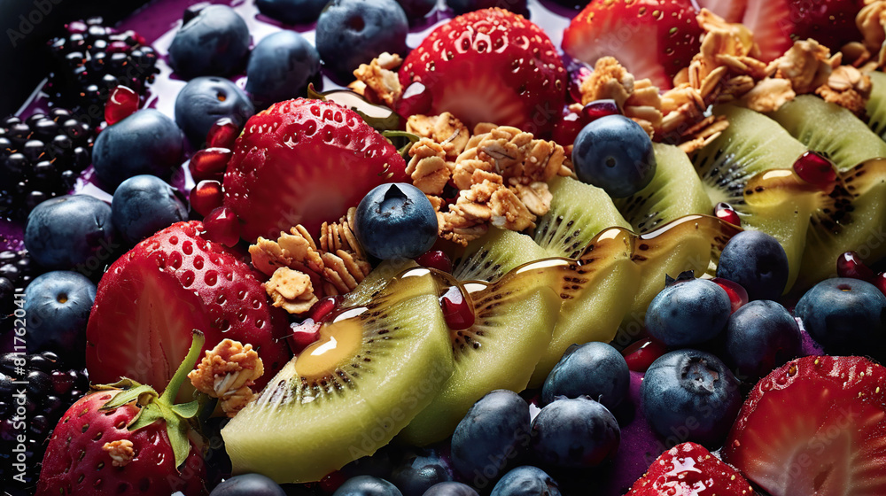 Close-up view of a colorful smoothie bowl topped with granola, chia seeds, and berries, shot with a macro lens to highlight the vibrant textures and wholesome ingredients Close-up view of a colorful smoothie bowl topped with granola, chia seeds, and berries, shot with a macro lens to highlight the vibrant textures and wholesome ingredients