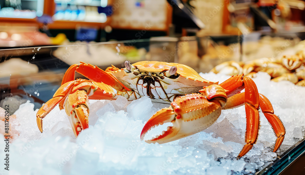 big orange crab on ice in a seafood store big orange crab on ice in a seafood store