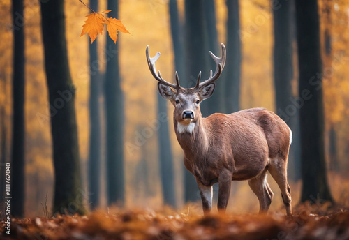 A regal deer stands amidst the vibrant hues of an autumn forest  its majestic presence harmonizing with the serene beauty of the fall season.