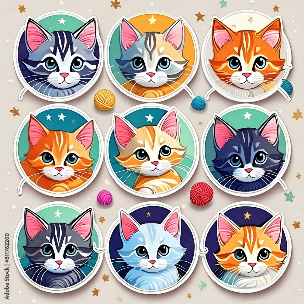 Circular Kitty Stickers featuring whimsical illustrations of kittens in fantastical Circular Kitty Stickers featuring whimsical illustrations of kittens in fantastical