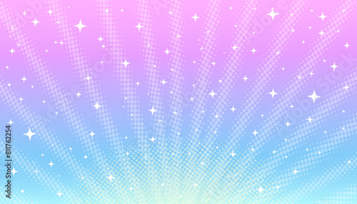 Pink-blue background and rays of light rays with halftone effect and stars in the style of manga, comics.