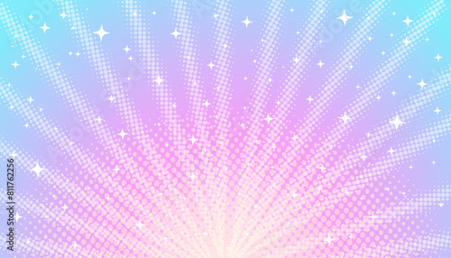 Pink-blue pastel light rays background with halftone effect and stars in manga, comics style.