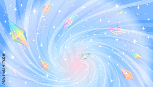 Blue swirl background of sparkling magic, rainbow jewels.
