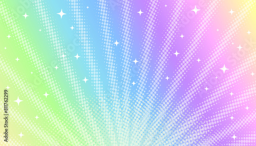 Rainbow background with rays of light, sparkles and stars.