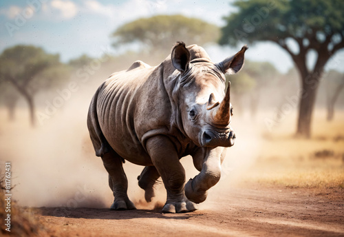 A powerful rhinoceros charges across the African savanna  its strength evident in the dust billowing under its feet. 