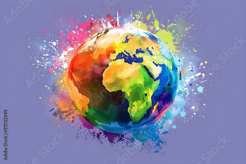 Colorful Dynamic Earth Globe Painting Illustration - Vibrant Low Poly Style  Logo Design