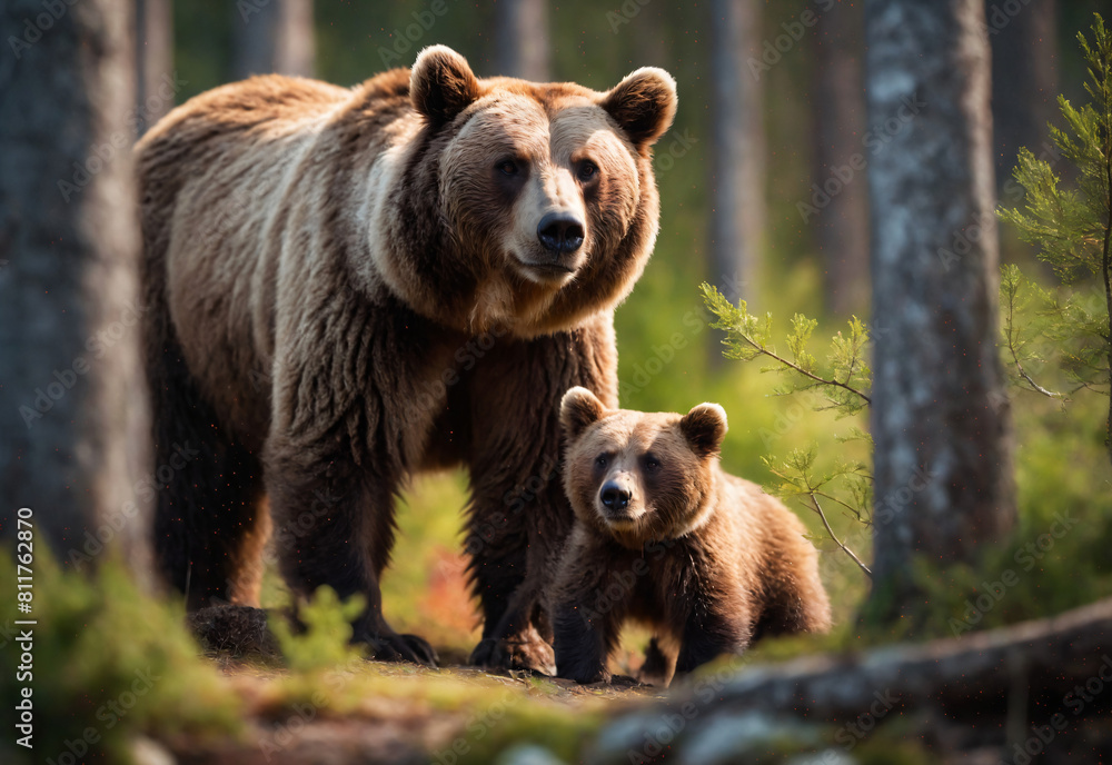 A mother bear and her cub stand at the edge of a forest, their fur glowing in the dappled sunlight. This tender scene captures the essence of wild family bonds and the beauty of nature.