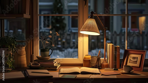 Well-organized home office desk with warm lighting, encouraging a productive and inviting workspace