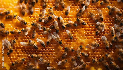hundred of bees producing honey on honeycombs 