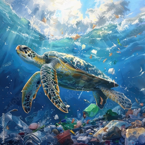 A sea turtle swims through a sea of plastic trash