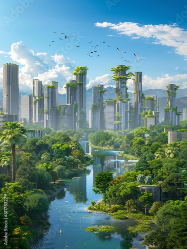 A beautiful painting of a futuristic city with lush greenery and a river running through it