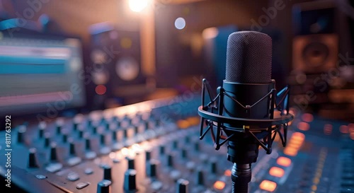 Studio setup includes digital recording equipment with microphone for highquality audio. Concept Audio recording, Studio setup, High-quality equipment, Microphone, Digital recording photo