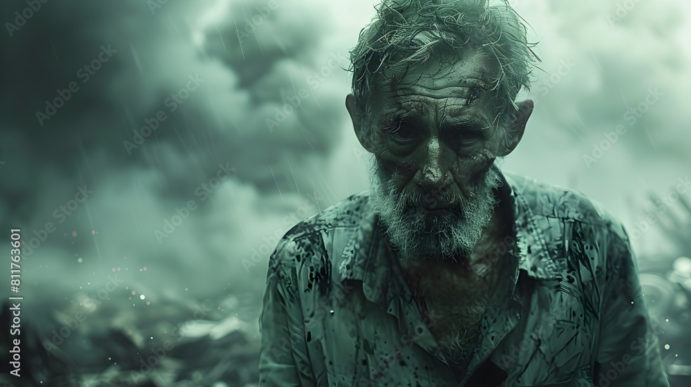Weathered Survivor Facing Nature s Wrath in Bleak Apocalyptic Landscape Weathered Survivor Facing Nature s Wrath in Bleak Apocalyptic Landscape
