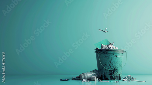 Rubbish bin with garbage on color background photo