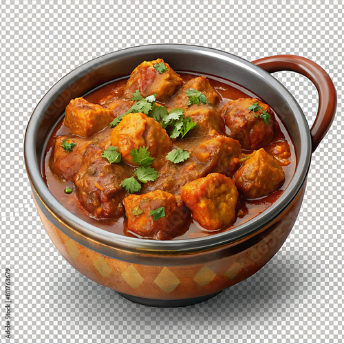 Overhead shot of Chicken tikka masala baked in little pan. Isolated on white with clipping path
