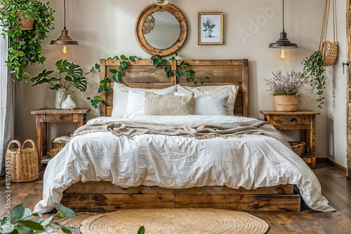modern bedroom in rustic style with rough wooden floor and furniture © Giordano Aita