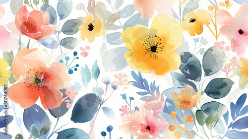 Multicolor watercolor allover  spring florals and plants. photo