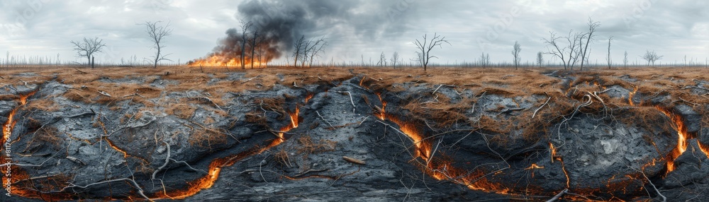 A large fire is burning in the middle of a field A large fire is burning in the middle of a field