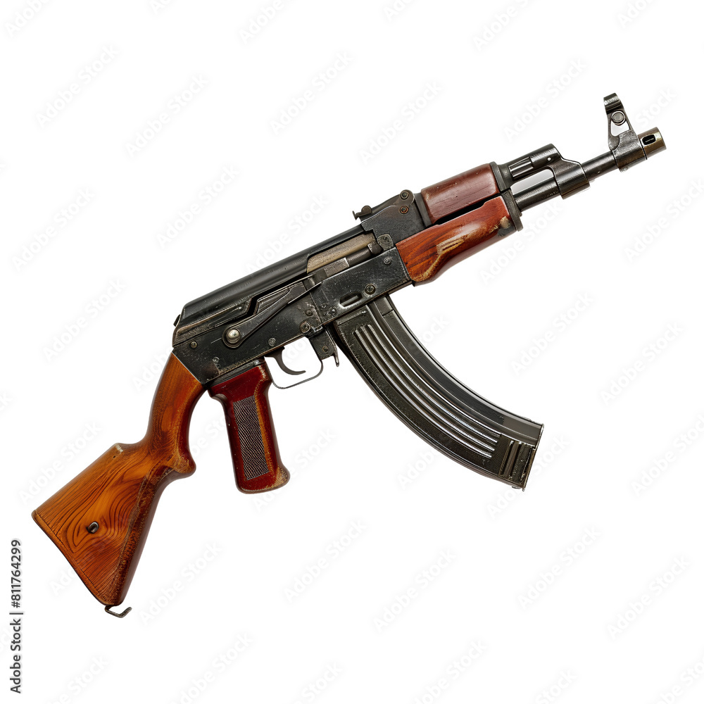 Classic AK-47 Assault Rifle with Wooden Stock and Curved Magazine, isolated, transparent background, white background, no background Classic AK-47 Assault Rifle with Wooden Stock and Curved Magazine, isolated, transparent background, white background, no background