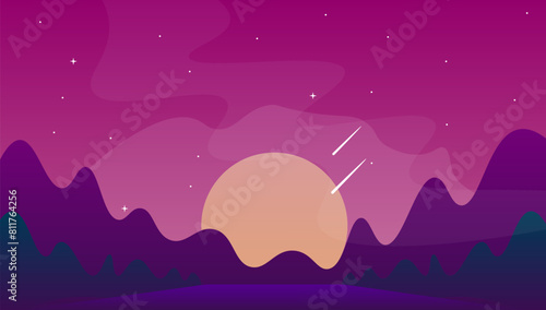 Abstract Landscape Background Mountains Forest Sky With Sunset And Stars  Vector Design