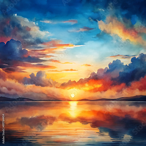 A vibrant sunset over a calm ocean casting colorful reflections on the water 