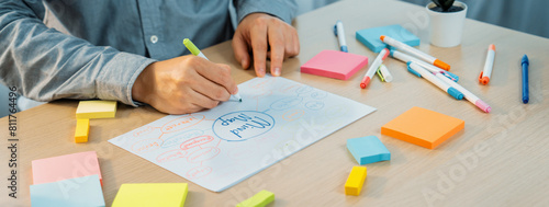 Skilled businessman brainstorms marketing ideas using mind maps. Successful male startup leader drafts financial plan on table with sticky notes scatter around. Closeup. Focus on hand.Variegated.