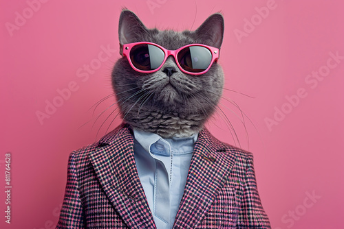 Cute cat in modern costume and sunglasses on pink background © Alina