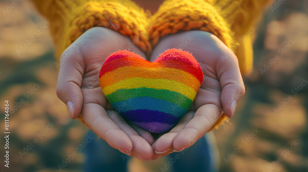 Woman hands hold a woollen rainbow heart. Creative hobby, handmade, colourful DIY crafts. Equality, Diversity, Human Rights, Identity, Freedom. Art Workshop, Inclusive Community Event, LGBTQ+ Pride Woman hands hold a woollen rainbow heart. Creative hobby, handmade, colourful DIY crafts. Equality, Diversity, Human Rights, Identity, Freedom. Art Workshop, Inclusive Community Event, LGBTQ+ Pride