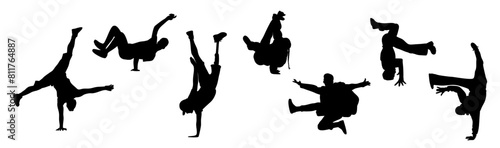 Silhouettes of teenager dancers hip hop, breakdance outline vector black drawing on transparent background. Young cool girl and boy dancing street dance.