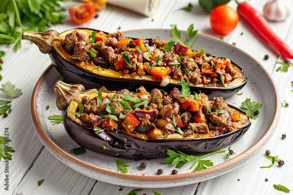 Eggplant stuffed with vegetables and meat on wooden table Eggplant stuffed with vegetables and meat on wooden table