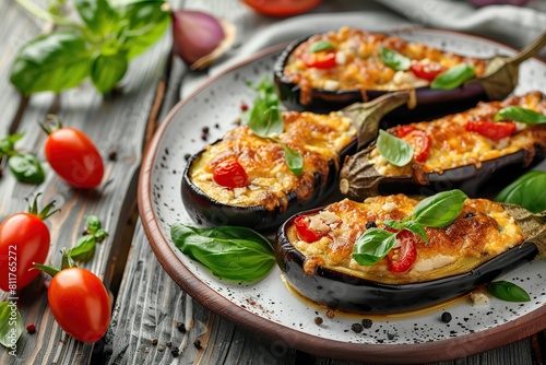 Eggplant stuffed with vegetables and meat on wooden table