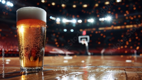 A close up of a glass of beer on a basketball court with the lights on. photo