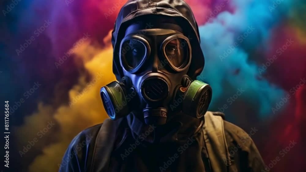 Person in Gas Mask Stands Against Colorful Smoke Background Person in Gas Mask Stands Against Colorful Smoke Background