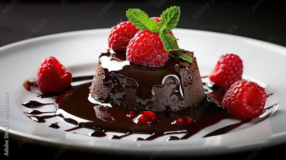 Exquisitely presented miniature chocolate cake, elegantly arranged within a fine dining setting, captured through the lens of high-key photography to enhance its sophisticated appeal Exquisitely presented miniature chocolate cake, elegantly arranged within a fine dining setting, captured through the lens of high-key photography to enhance its sophisticated appeal