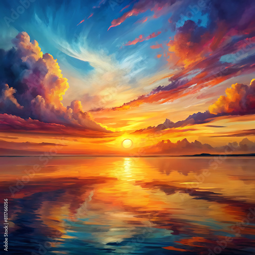 A vibrant sunset over a calm ocean casting colorful reflections on the water 